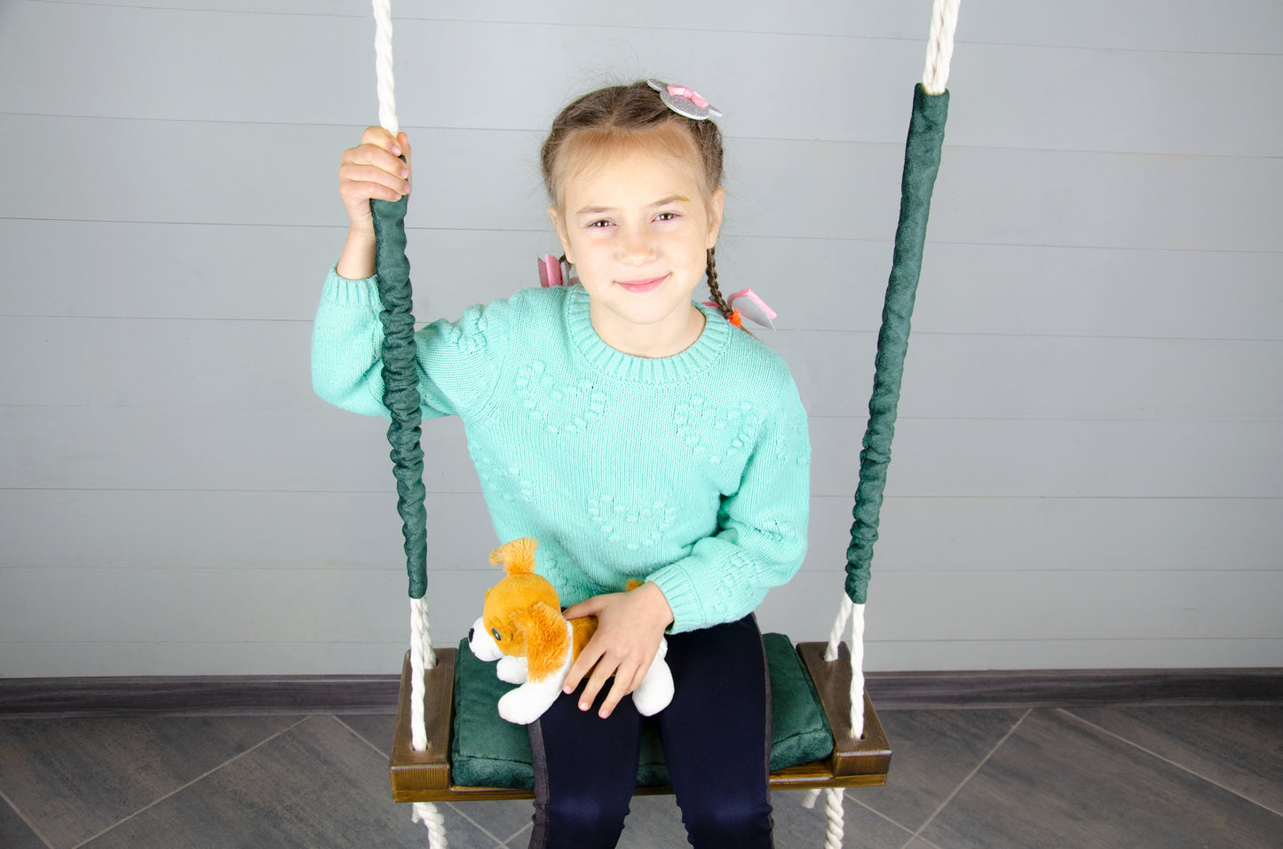 Children's Inside White Swing With A Green Seat