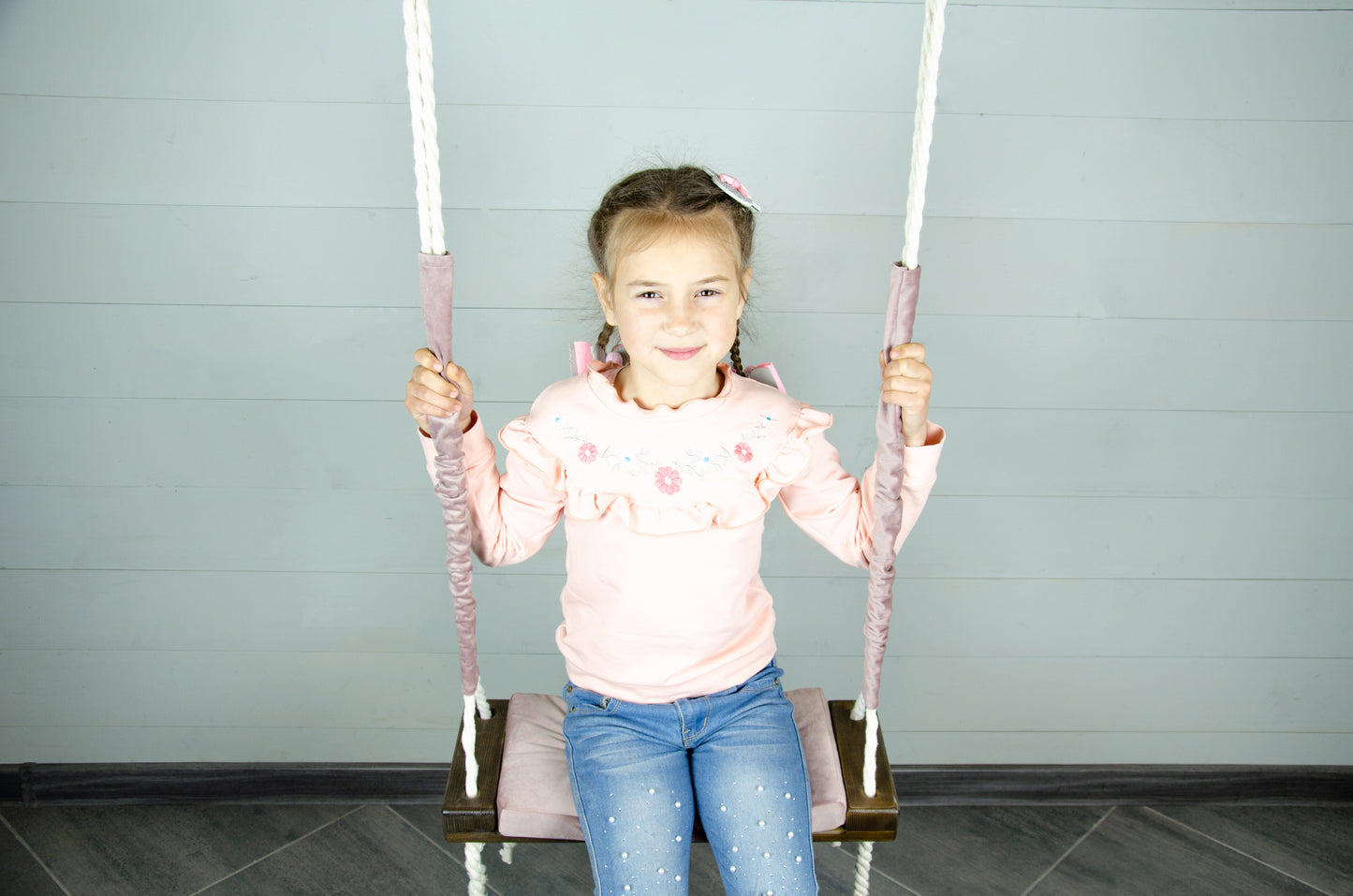 Children's Inside Natural Swing With A Pink Seat