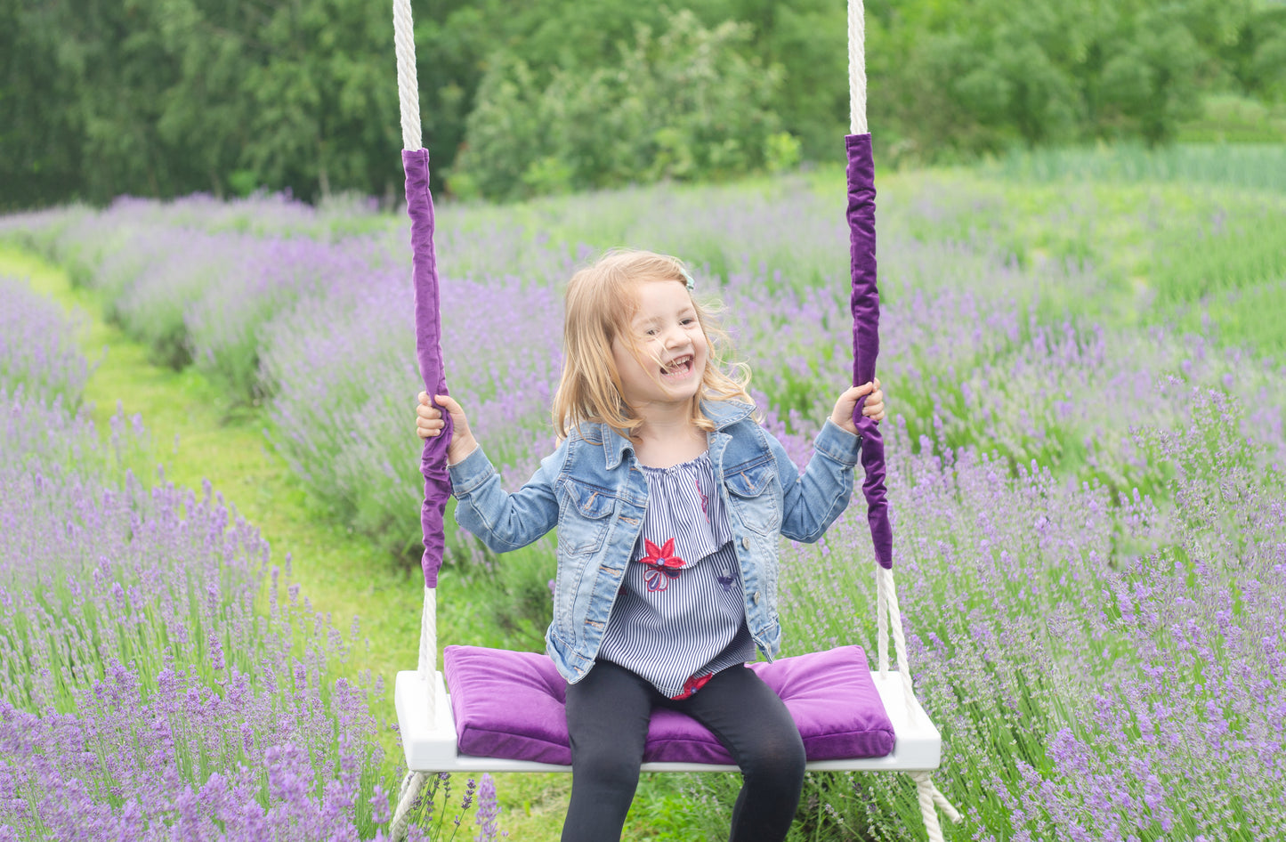 Adult Inside White Swing With A Purple Seat
