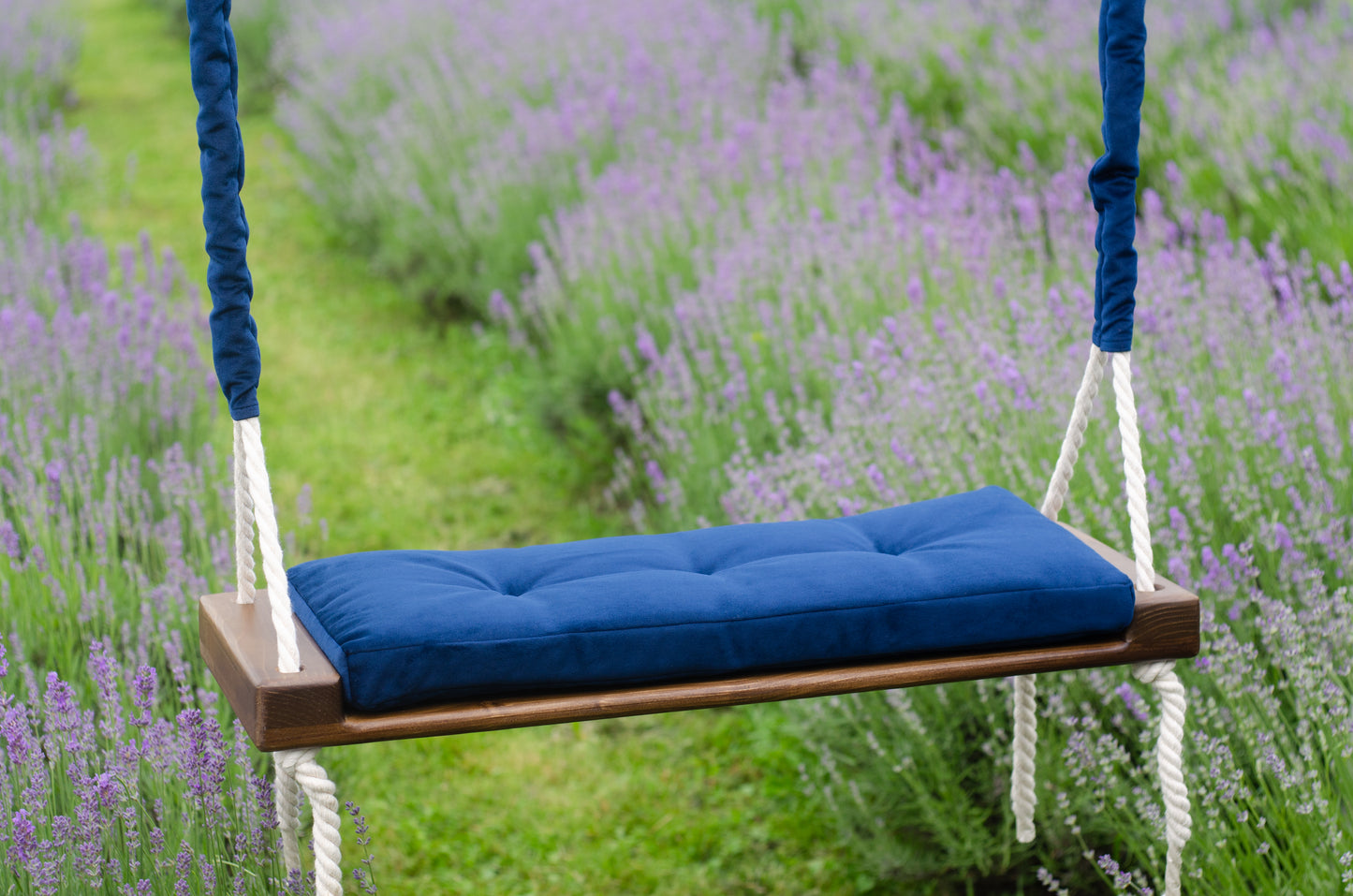 Adult Inside Natural Swing With A Blue Seat