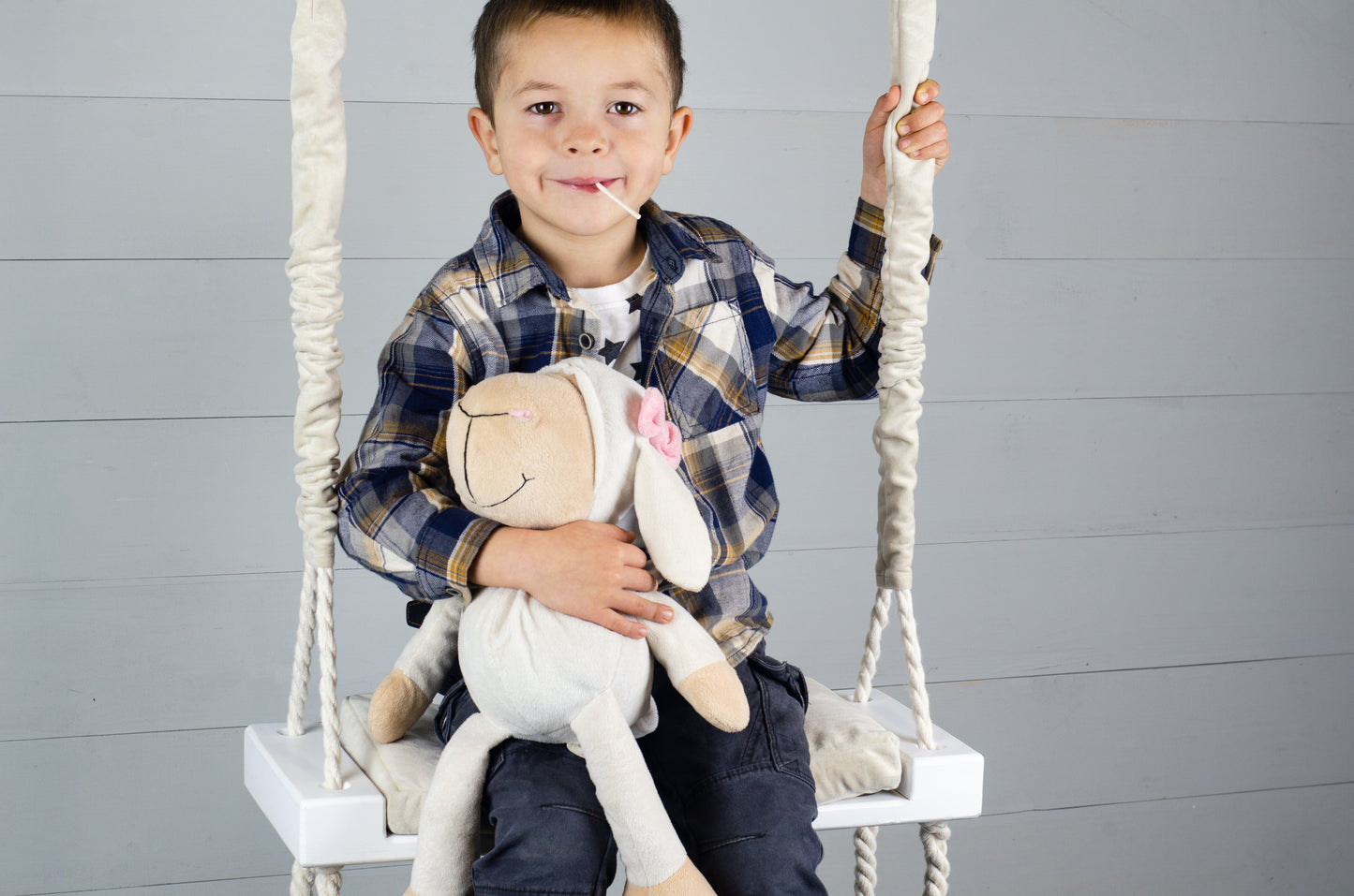 Children's Inside White Swing With A Beige Seat