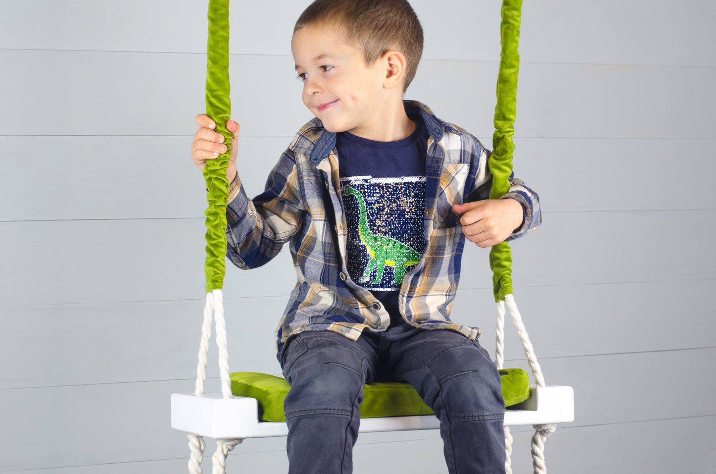 Children's Inside White Swing With A Green Seat